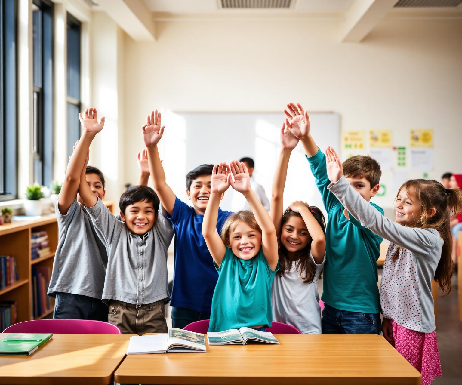 Students celebrating in a bright classroom