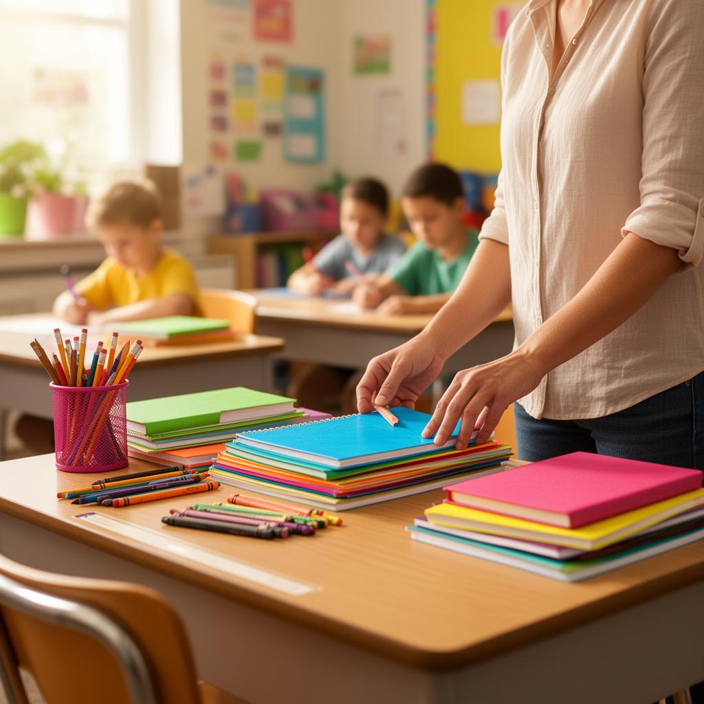 Teacher helping students with supplies