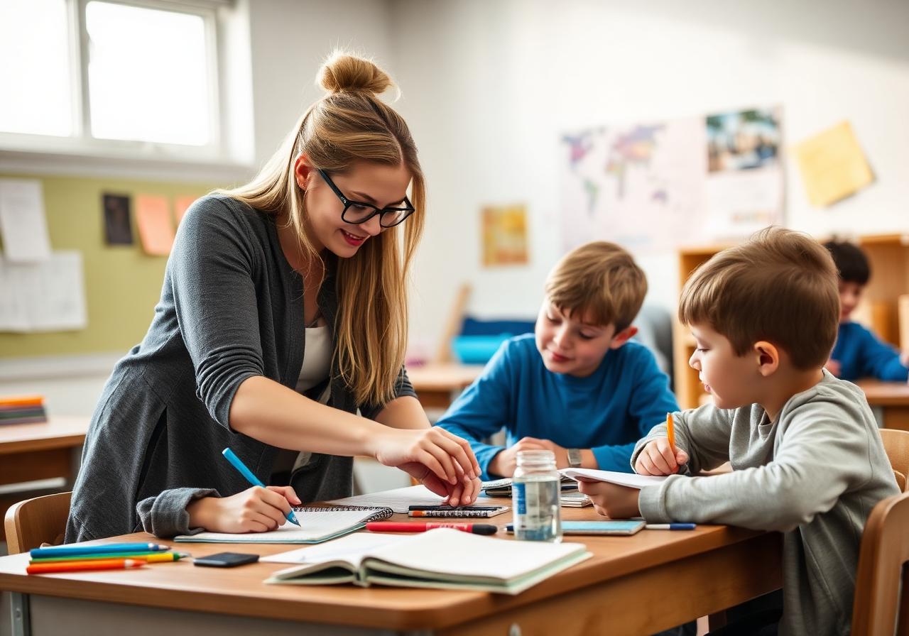 Teacher helping students with supplies